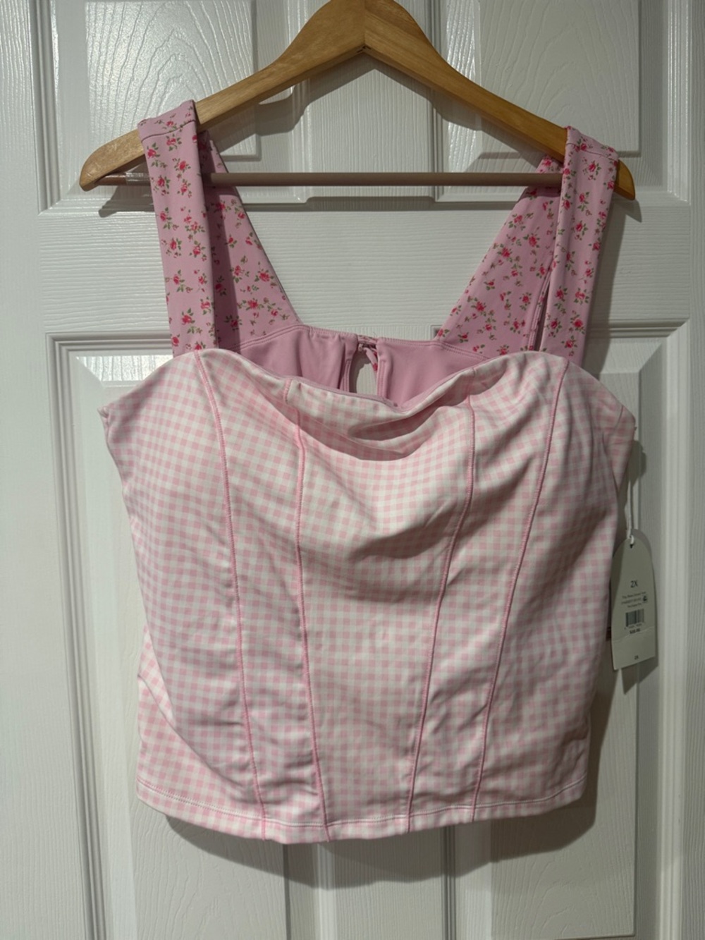 Pink Gingham Corset Crop Top with Floral Straps - Picture 3 of 5